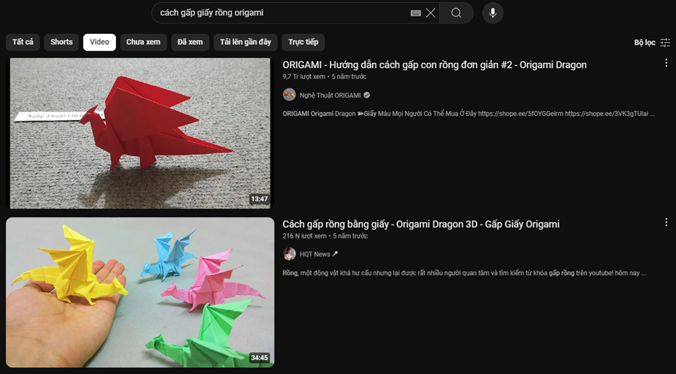 Sử dụng từ khoá “cách gấp giấy rồng origami” để tìm trong YouTube một video hướng dẫn gấp giấy hình con rồng theo phương pháp origami. Làm theo hướng dẫn của video để tạo ra một hình rồng bằng giấy.  (ảnh 1)