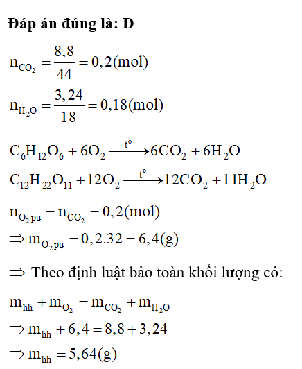 Đốt cháy hoàn toàn hỗn hợp glucose, saccharose và tinh bột thu được 8,8 g CO2 và 3,24 g nước (ảnh 1)