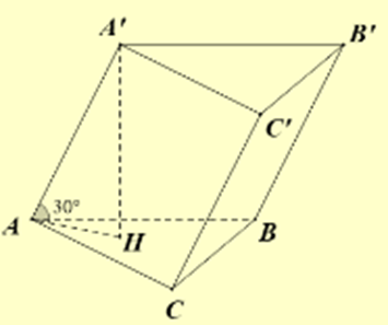 Cho hình lăng trụ \(ABC.A'B'C'\) có diện tích đáy \(S = 10{\rm{\;c}}{{\rm{m}}^2}\), cạnh bên tạo với mặt phẳng đáy một góc \({30^ \circ }\) và độ dài cạnh bên bằng \(10{\rm{\;cm}}\). Thể tích \(V\) của khối lăng trụ \(ABC.A'B'C'\) bằng (1) ______ \({\rm{c}}{{\rm{m}}^3}\). (ảnh 1)