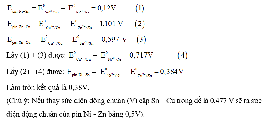 Cho các pin điện hoá và sức điện động chuẩn tương ứng: (ảnh 1)