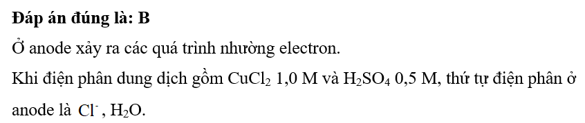 Khi điện phân dung dịch gồm CuCl2 1,0 M và H2SO4 0,5 M, thứ tự điện phân ở anode là (ảnh 2)