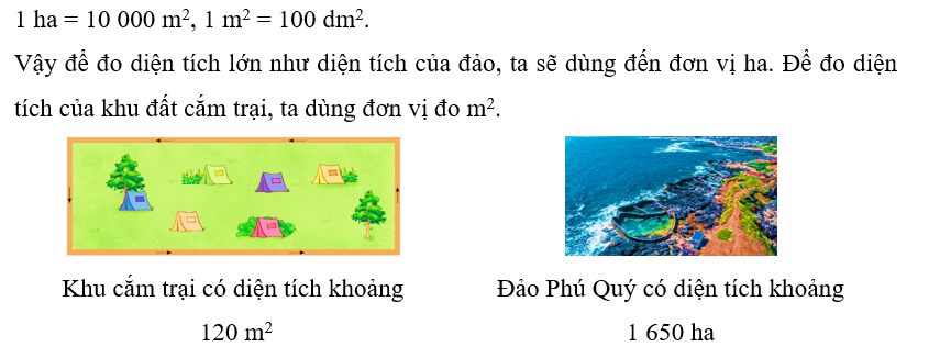 Điền đơn vị đo (dm2, m2, ha) thích hợp vào chỗ chấm.   Khu cắm trại có diện tích khoảng   (ảnh 2)