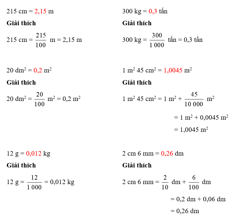 Điền số hoặc số thập phân thích hợp vào ô trống 215 cm = ……………… m (ảnh 1)