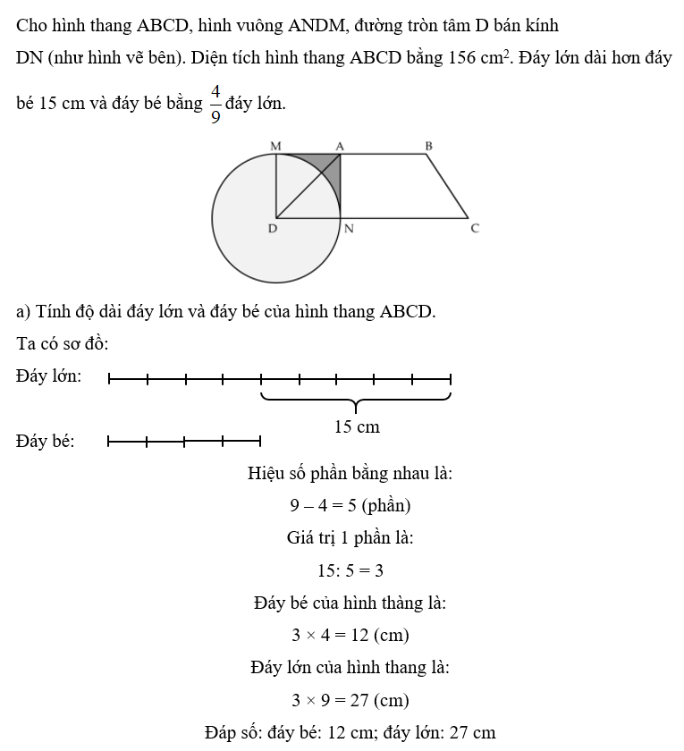 Cho hình thang ABCD, hình vuông ANDM, đường tròn tâm D bán kính (ảnh 2)