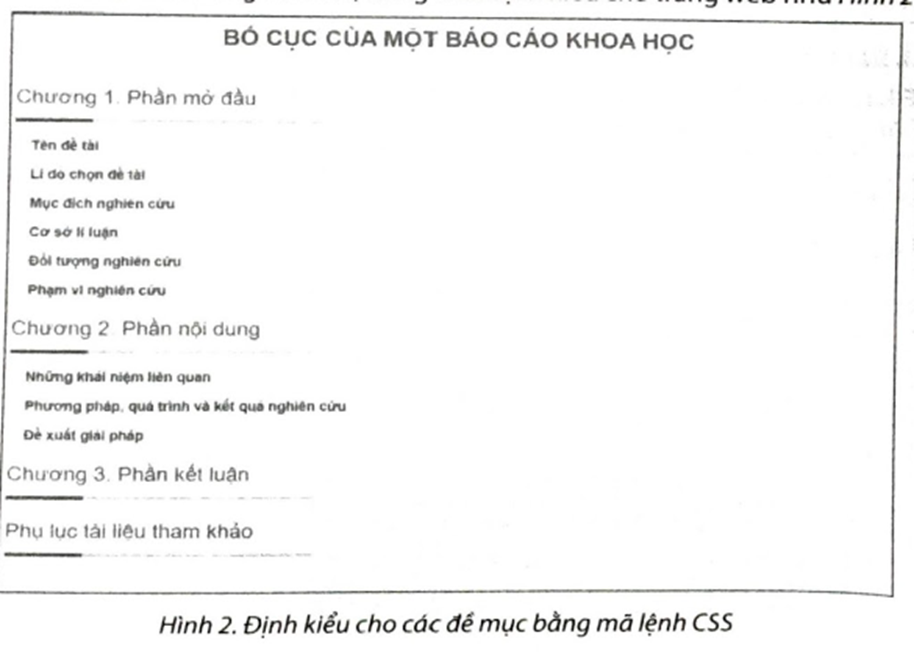 Em hãy tổ chức lại mã lệnh CSS thành các vùng chọn cho tệp bao-cao- khoa-hoc.html trong Bài F7.4, (ảnh 1)