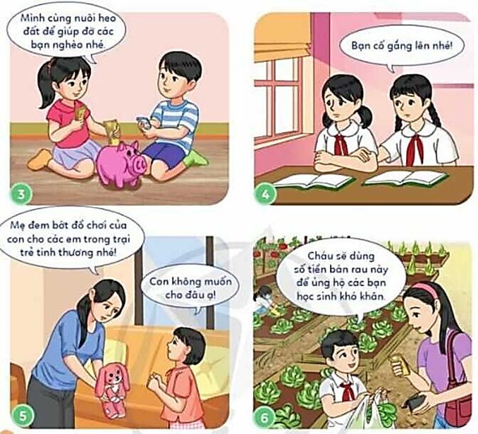 Quan sát tranh và thực hiện yêu cầuCâu hỏi: a. Em hãy nhận xét việc làm của các bạn trong tranh. b. Em có sẵn sàng giúp đỡ người gặp khó khăn, phù hợp với khả năng của mình không? Vì sao? c. Hãy kể thêm những hành động khác thể hiện sự cảm thông, giúp đỡ người góp khó khăn mà em biết (ảnh 2)