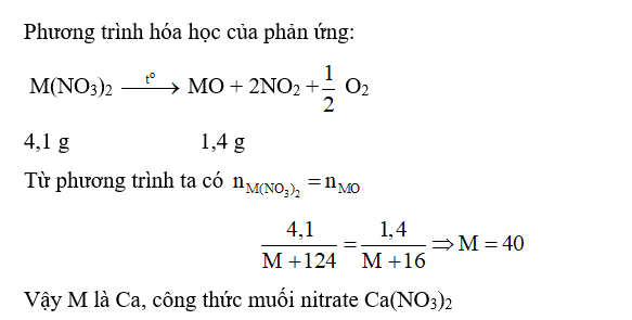 Khi nung hoàn toàn 4,1 g một nitrate kim loại II trong không khí thì thu được 1,4 g oxide kim loại.  (ảnh 1)