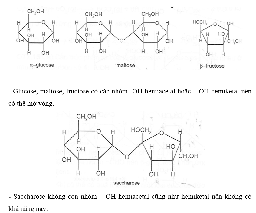 Giải thích vì sao các phân tử glucose, fructose và maltose đều có thể mở vòng nhưng (ảnh 1)