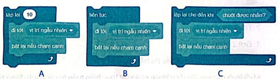 Hãy chọn khối lệnh đúng điều khiển nhân vật   lặp lại liên tục các hành động:  1. Đi tới vị trí ngẫu nhiên.  2. Nếu chạm cạnh sân khấu thì bật lại. (ảnh 2)