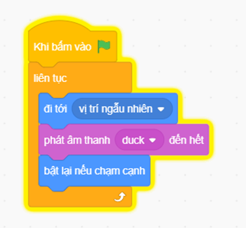 a) Dựa trên Câu 8, em hãy tạo chương trình Scratch để thực hiện kịch bản của bạn An.  b) Chạy thử chương trình và quan sát kết quả.  c) Bổ sung câu lệnh để nhân vật khi chạm cạnh sân khấu bật lại thì không bị  lộn ngược đầu  d) Lưu tệp chương trình với tên VuonCuaEm1 (ảnh 1)