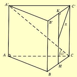 Cho hình lăng trụ đứng \(ABC.A'B'C'\) có đáy \(ABC\) là tam giác vuông cân tại \(A\). Biết \(AB = 1\), góc giữa \(A'C\) và \(\left( {ABC} \right)\) bằng \({60^ \circ }\). (ảnh 2)