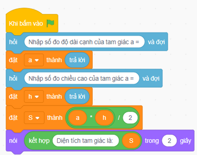Sắp xếp các lệnh, khối lệnh dưới đây theo thứ tự đúng để tạo chương trình Scratch tương ứng với các bước tính diện tích hình tam giác ở Hình 5. (ảnh 3)