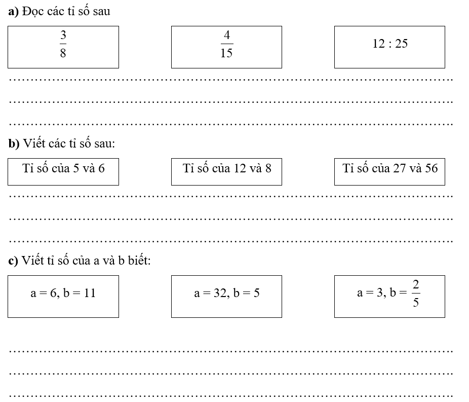 a) Đọc các tỉ số sau   3/8    4/15 12: 25 (ảnh 1)