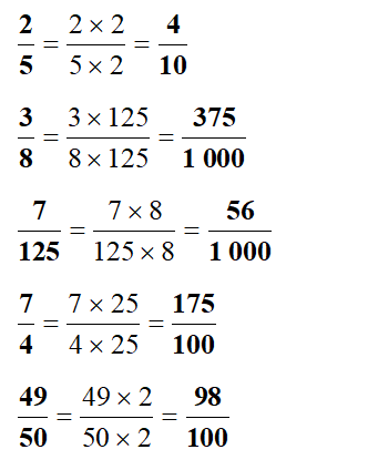 Viết các phân số 2/5 ; 3/8 ; 7/125; 7/4; 49/50  thành phân số thập phân: (ảnh 1)