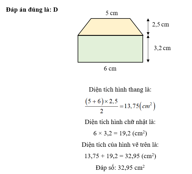 Diện tích của hình vẽ dưới đây là:  	A. 34,65 cm2	B. 25,15 cm2	   C. 32,15 cm2	D. 32,95 cm2 (ảnh 2)