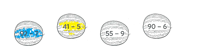 Tô màu vàng vào quả dưa ghi phép trừ có kết quả bé nhất, màu xanh vào quả dưa ghi phép trừ có kết quả lớn nhất (ảnh 2)