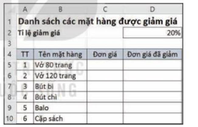 Phần II. Tự luận (6 điểm) Câu 17. Nhân dịp khai giảng năm học mới. tại một số cửa hàng, nhà sách.... các mặt hạng đồ dùng học tập được giảm giá. Danh sách một só mật hàng được giảm giá và tỉ lệ giảm giá được lưu ở ô D2 như hình sau: (ảnh 1)