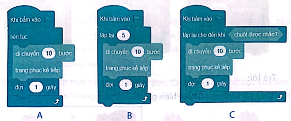 Em hãy chọn chương trình đúng điều khiển nhân vật liên tục trên sân khấu cho đến khi nháy chuột thì dừng lại.  (ảnh 1)