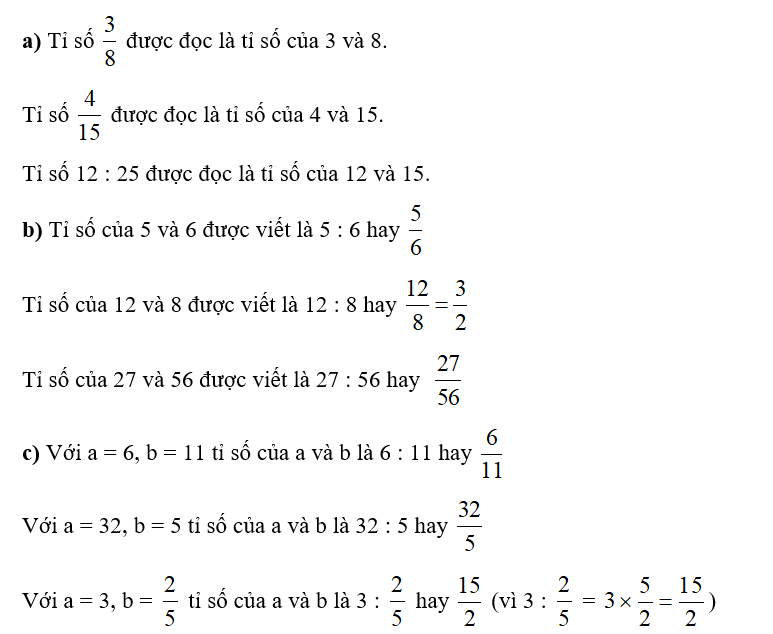 a) Đọc các tỉ số sau   3/8    4/15 12: 25 (ảnh 2)