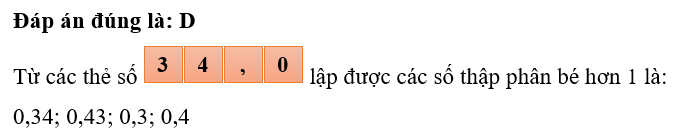 Từ bốn thẻ     .Có thể lập được bao nhiêu số thập phân bé hơn 1? 	A. 6	B. 5	C. 3	D. 4 (ảnh 2)