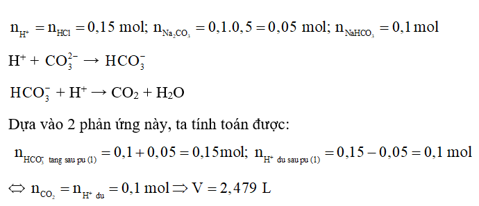 Nhỏ từ từ từng giọt đến hết 150 mL dung dịch HCl 1 M vào 100 mL dung dịch gồm Na2CO3 0,5 M và NaHCO3  (ảnh 1)