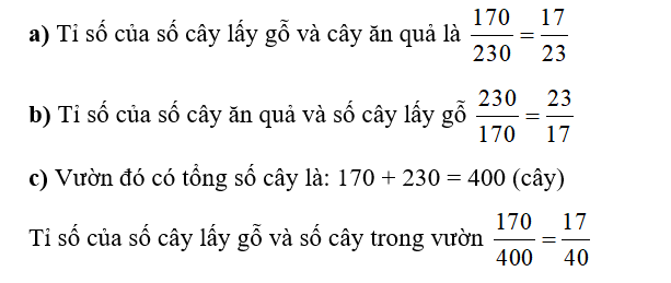 Một vườn cây có 170 cây lấy gỗ và 230 cây ăn quả.  a) Tỉ số của số cây lấy gỗ và cây ăn quả là ……………… (ảnh 1)