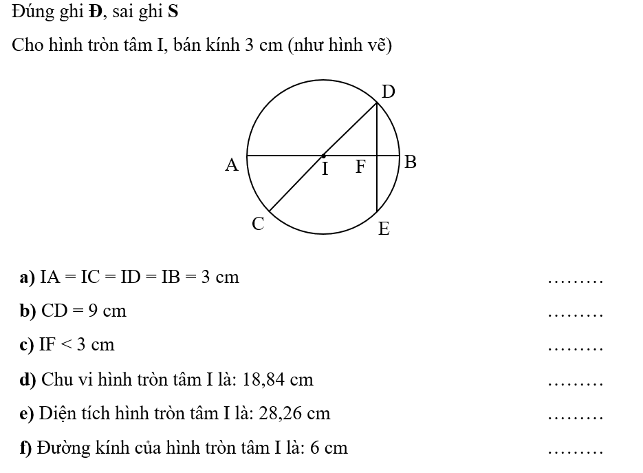 Đúng ghi Đ, sai ghi S Cho hình tròn tâm I, bán kính 3 cm (như hình vẽ) (ảnh 1)