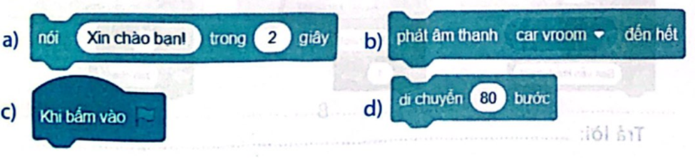 Hãy sắp xếp các lệnh sau theo thứ tự đúng để được chương trình thực hiện ý tưởng: Nhân vật City Bus xuất hiện trên sân khấu, di chuyển 80 bước và nói “Xin chào bạn!” trong 2 giây. Sau đó xuất hiện một âm thanh rồi nhân vật nói tiếp “Chúng ta cùng khám phá Scratch nhé!”  (ảnh 2)