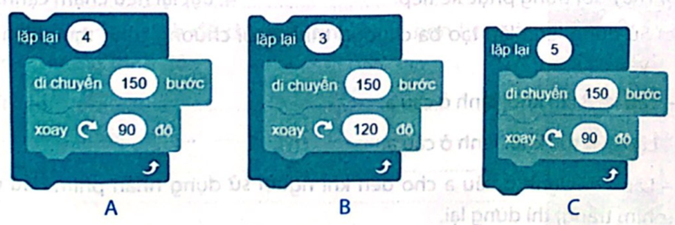 Khối lệnh nào sau đây điều khiển nhân vật di chuyển theo hình vuông? (ảnh 1)