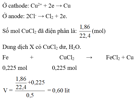 Điện phân V lít dung dịch CuCl2 0,5 M với điện cực trơ. Khi dừng điện phân thu được dung (ảnh 1)