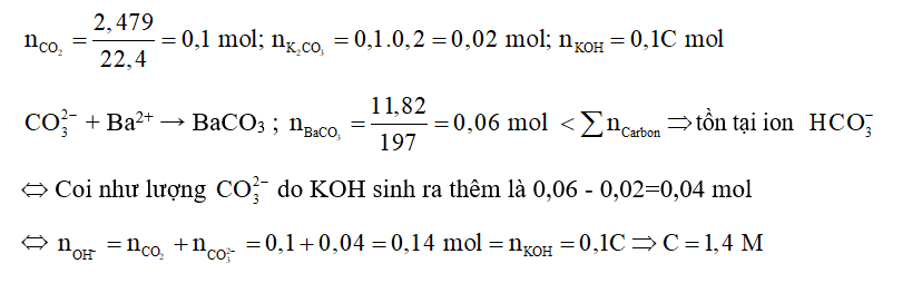 Hấp thụ hoàn toàn 2,479 lít CO2 (đkc) vào 100 mL dung dịch gồm K2CO3 0,2 M và KOH nồng độ C mol/L. (ảnh 1)