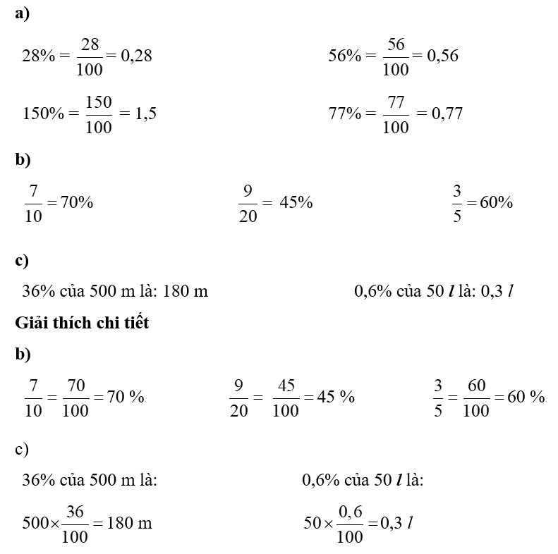 a) Viết các tỉ số phần trăm sau dưới dạng phân số và số thập phân. (ảnh 2)