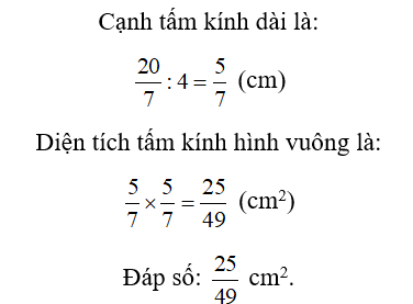 Một tấm kính hình vuông có chu vi là 20/7  cm. Tính diện tích của tấm kính đó? (ảnh 1)