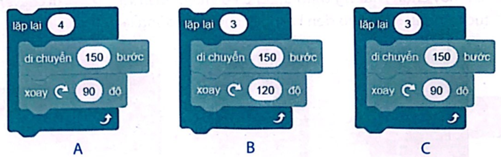 Khối lệnh nào sau đây điều khiển nhân vật di chuyển theo hình tam giác đều?  (ảnh 1)