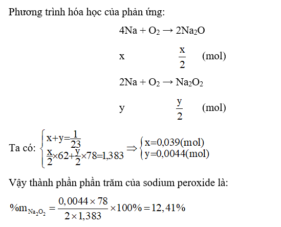 Cho 1 gam sodium phản ứng với oxygen thu được 1,383 g sodium oxide và sodium peroxide (ảnh 1)