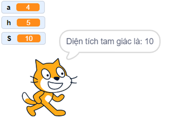 Tạo và chạy chương trình Scratch tính diện tích hình tam giác có số đo độ dài đáy a và chiều cao h được nhập từ bàn phím.  Gợi ý: Để thể hiện biểu thức (a × h) : 2 trong Scratch em có thể kết hợp hai lệnh sau: (ảnh 4)