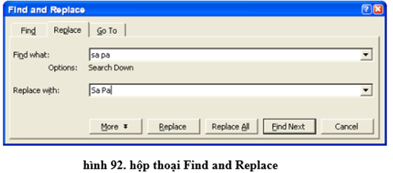 Câu 12: Điền vào chỗ trống để hoàn thành các bước thay thế tất cả các từ “sa pa” thành “Sa Pa” trong đoạn văn. B1: Chọn Edit → Replace hoặc nhấn tổ hợp phím Ctrl+H để mở hộp thoại Find and Replace. (ảnh 1)