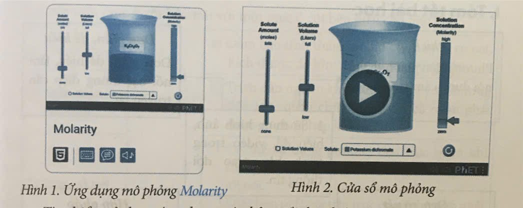 Thực hành trên máy tính theo các yêu cầu sau:  - Truy cập vào trang web PhET. – Chọn lĩnh vực Hoá học (CHEMISTRY). An t – Chọn ứng dụng mô phỏng Molarity (Nồng độ Mol) như Hình I.  - Chọn cửa sổ mô phỏng như Hình 2. (ảnh 1)