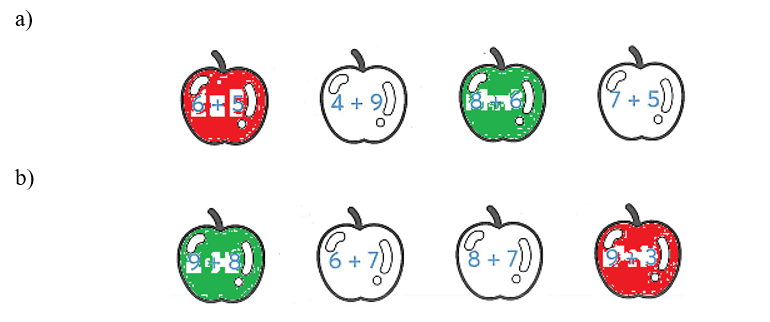 Tô màu xanh vào quả táo ghi phép tính có kết quả lớn nhất, màu đỏ vào quả táo ghi phép tính có kết quả bé nhất. (ảnh 2)