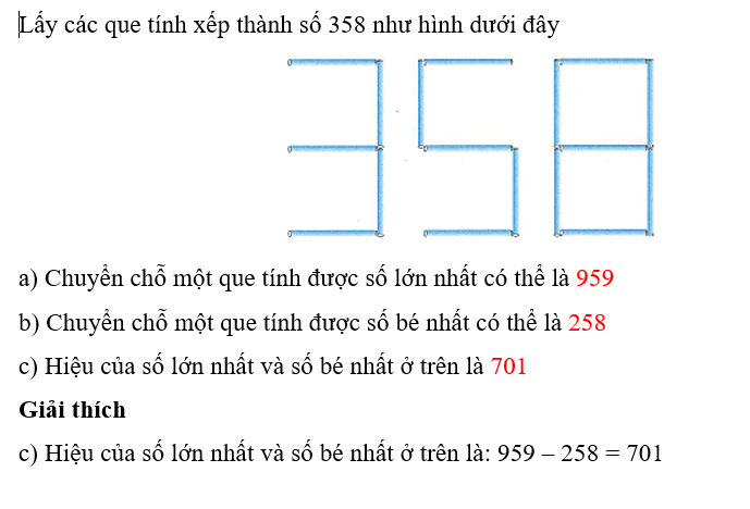 Viết tiếp vào chỗ chấm cho thích hợp Lấy các que tính xếp thành số 358 như hình dưới đây  (ảnh 2)