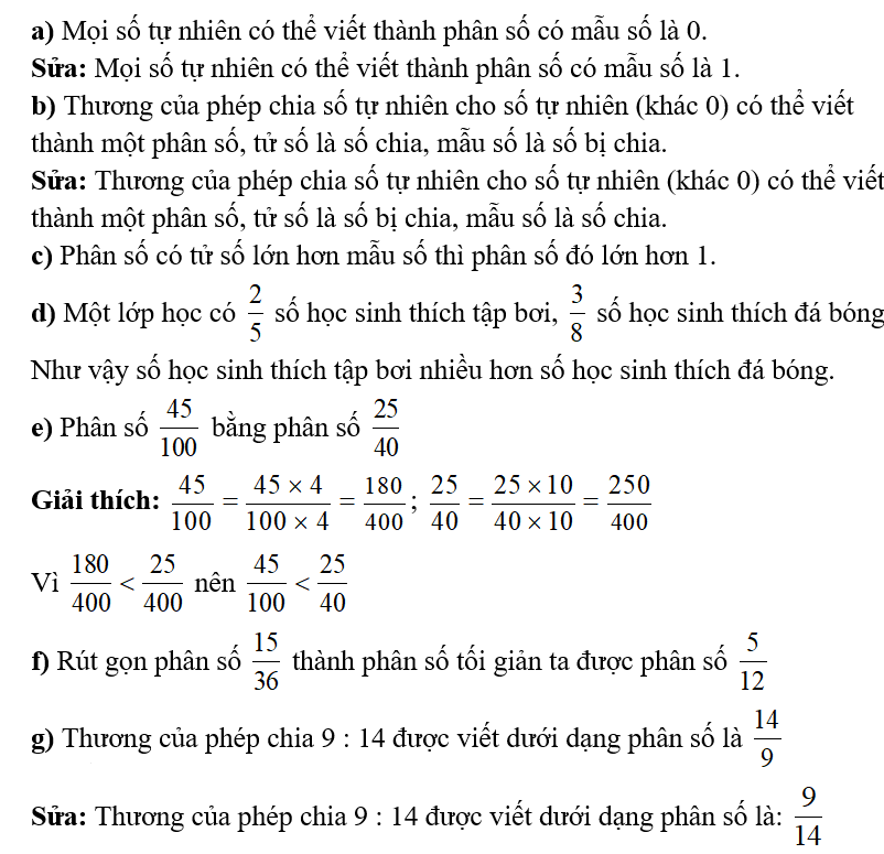 Đúng ghi Đ, sai ghi S.  a) Mọi số tự nhiên có thể viết thành phân số có mẫu số là 0.   (ảnh 1)