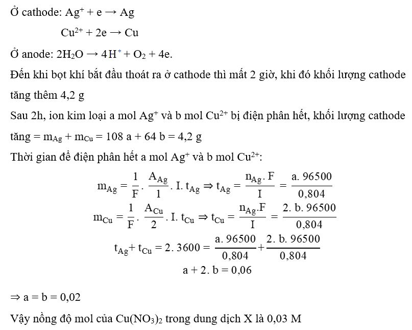 Điện phân 500 mL dung dịch X gồm Cu(NO3)2 và AgNO3 với cường độ dòng điện 0,804 (ảnh 1)