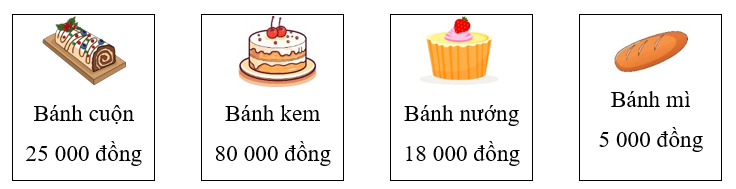 Giá của bốn loại bánh trong một cửa hàng tương ứng như hình dưới đây. Hỏi trung bình mỗi chiếc bánh có giá bao nhiêu tiền? (ảnh 1)