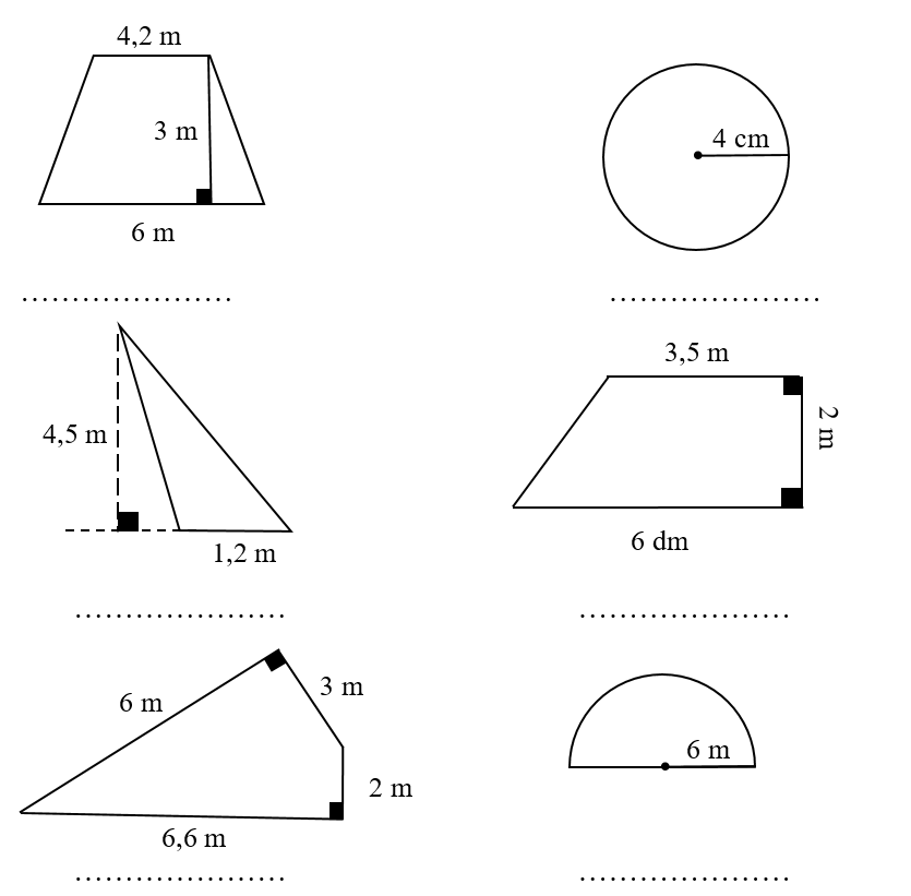 Số? Em hãy tính diện tích các hình dưới đây rồi ghi vào ô trống cho thích hợp (ảnh 1)