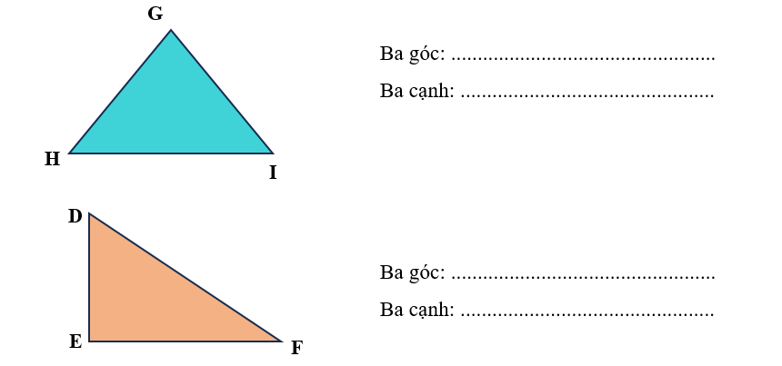 Viết tên ba góc và ba cạnh của mỗi hình tam giác dưới đây: (ảnh 1)