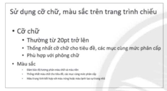 Em hãy giải thích tại sao việc sử dụng cỡ chữ trên trang chiếu Hình 1a là chưa hợp lí.     Hình 1a (ảnh 1)