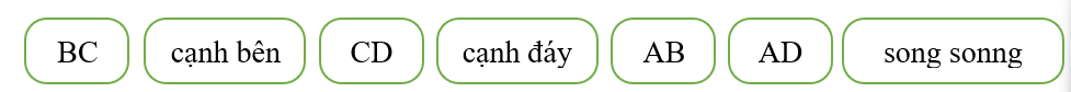 Kéo thả thích hợp vào ô trốngABCDABCDCho hình vẽ sauHình thang ABCD có:+ Cạnh đáy …… và …… Cạnh bên …… và ……+ Hai …… là hai cạnh đối diện ……song sonngsong sonngADADABABcạnh đáycạnh đáyCDCDcạn (ảnh 2)