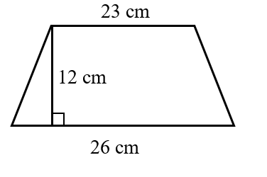 Điền số thích hợp vào ô trống12 cm23 cm26 cm12 cm23 cm26 cmTính diện tích hình thang sau:Diện tích hình thang trên là:(….. + …..) × ….. : ….. = ….. (cm2)Đáp số: ….. cm2 (ảnh 1)