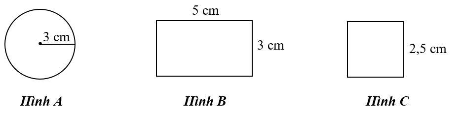  Điền thích hợp vào ô trốngCho các hình vẽ 3 cm 3 cm 5 cm3 cm5 cm3 cm2,5 cm2,5 cm Hình A                                   Hình BHình CHình vẽ có diện tích lớn nhất là: …… (ảnh 1)