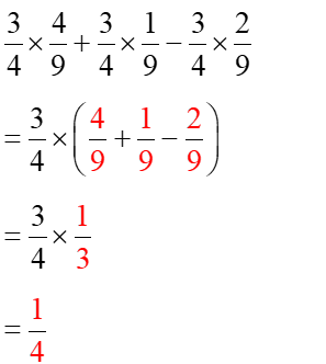 Điền số thích hợp vào ô trốngTính bằng cách thuận tiện \(\frac{3}{4} \times \frac{4}{9} + \frac{3}{4} \times \frac{1}{9} - \frac{3}{4} \times \frac{2}{9}\)\( = \frac{3}{4} \times \left( {\fra (ảnh 1)